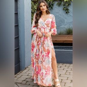 Pink Lily Tropical Long Sleeve Tie/Wrap Maxi Dress S